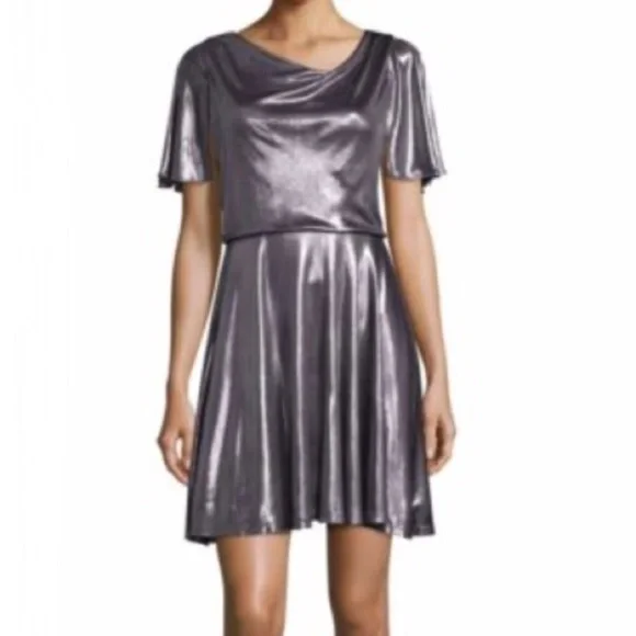 Halston Heritage | Dresses | Nwt Halston Heritage Metallic Asymmetric  Draped Scoop Back Flounce Sleeve Dress | Poshmark